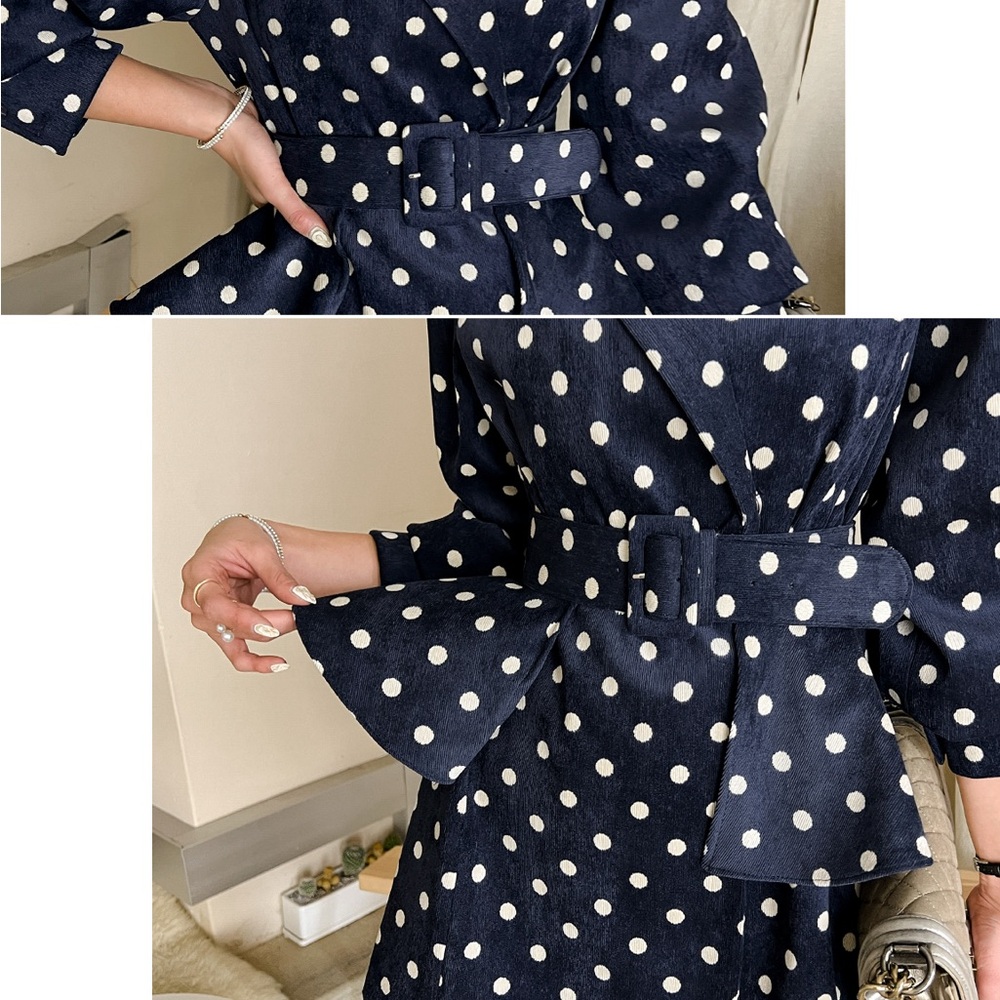 White and Blue Polka Dot Blazer with Puff Sleeves - Picture 3 of 14